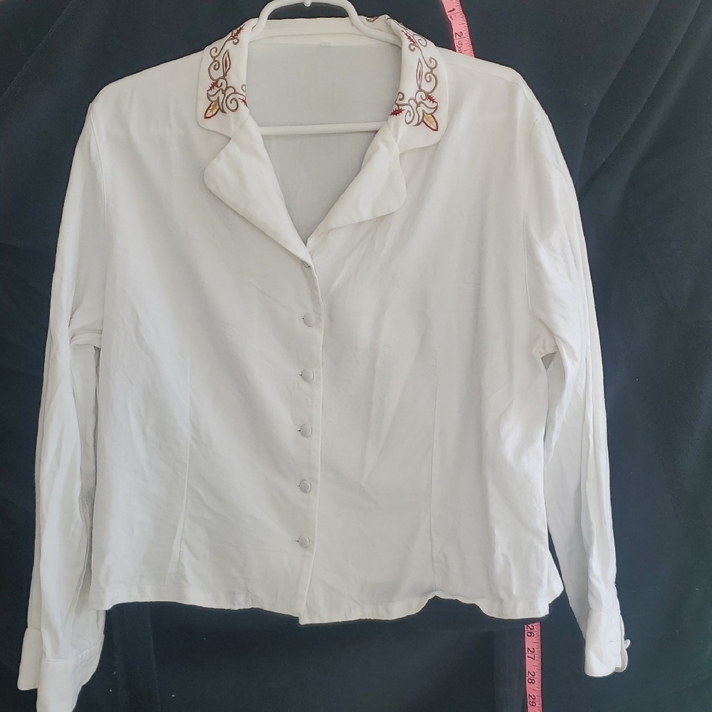 White Button Down Shirt with Notched Collar and Embellished Details
